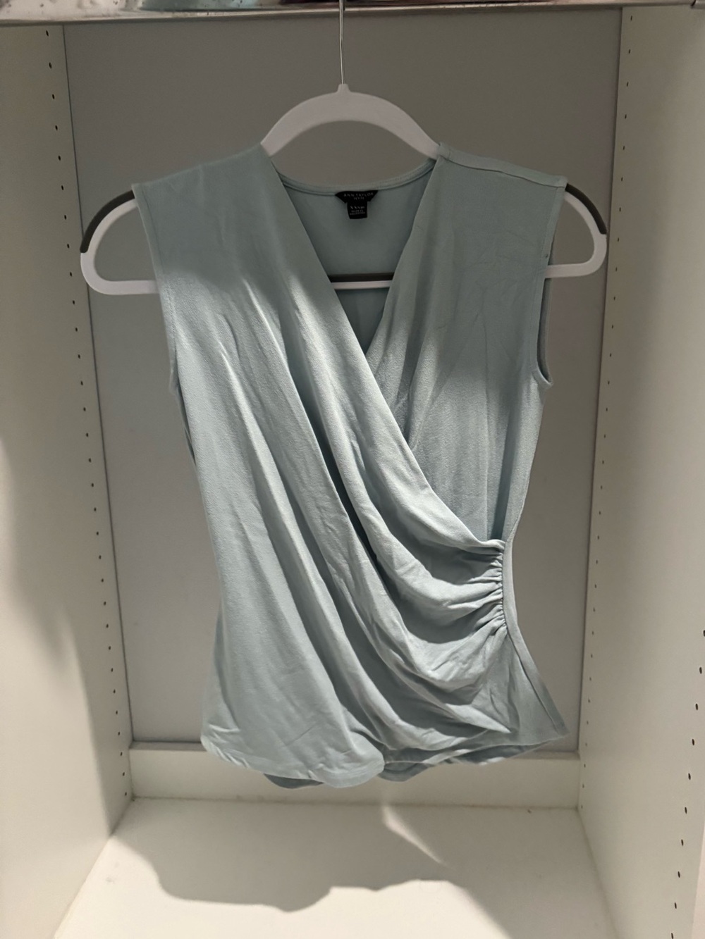 Ann Taylor Sleeveless Twist-Front Drape Top - Light Blue XXS Petite